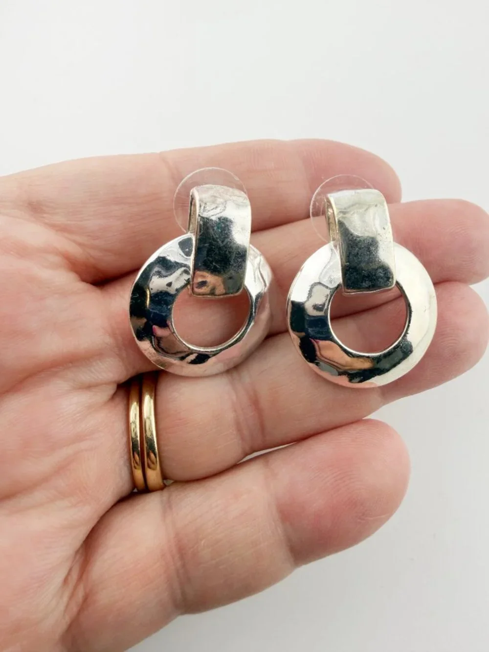 Silver Tone Hammered Door Knocker Post Earrings